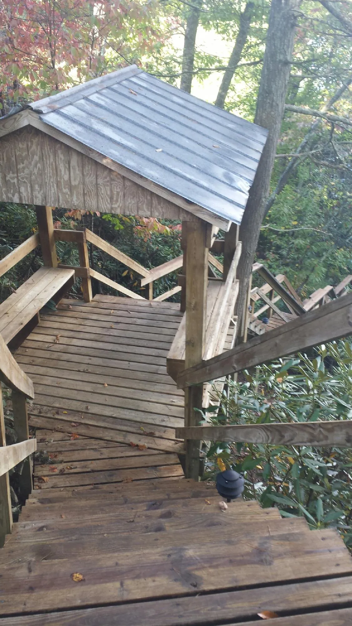 Metal roofed shelter over wooden steps on a wooded walkway — Skylight Repair & Installation work by our crew in Grand Ridge